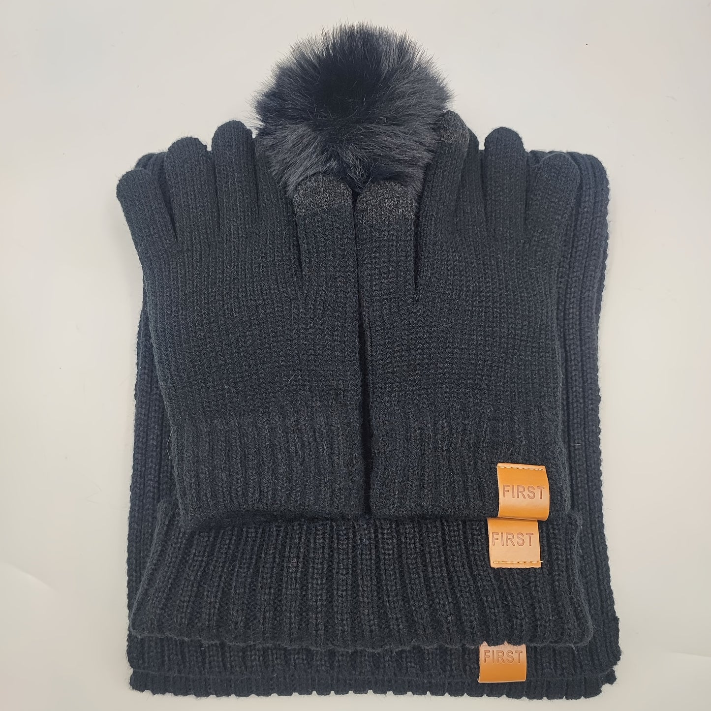Winter Beanie Scarf Gloves Set Women Pom Pom Hat Neck Warmer Touchscreen Gloves 3 in 1