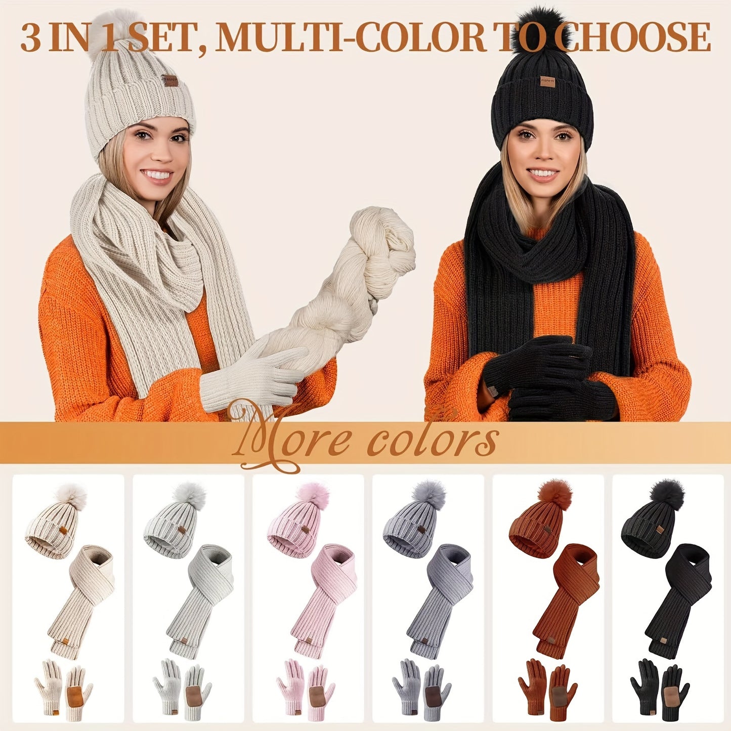 Winter Beanie Scarf Gloves Set Women Pom Pom Hat Neck Warmer Touchscreen Gloves 3 in 1