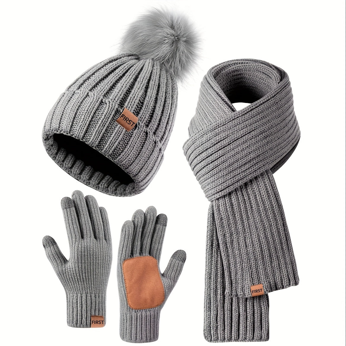 Winter Beanie Scarf Gloves Set Women Pom Pom Hat Neck Warmer Touchscreen Gloves 3 in 1