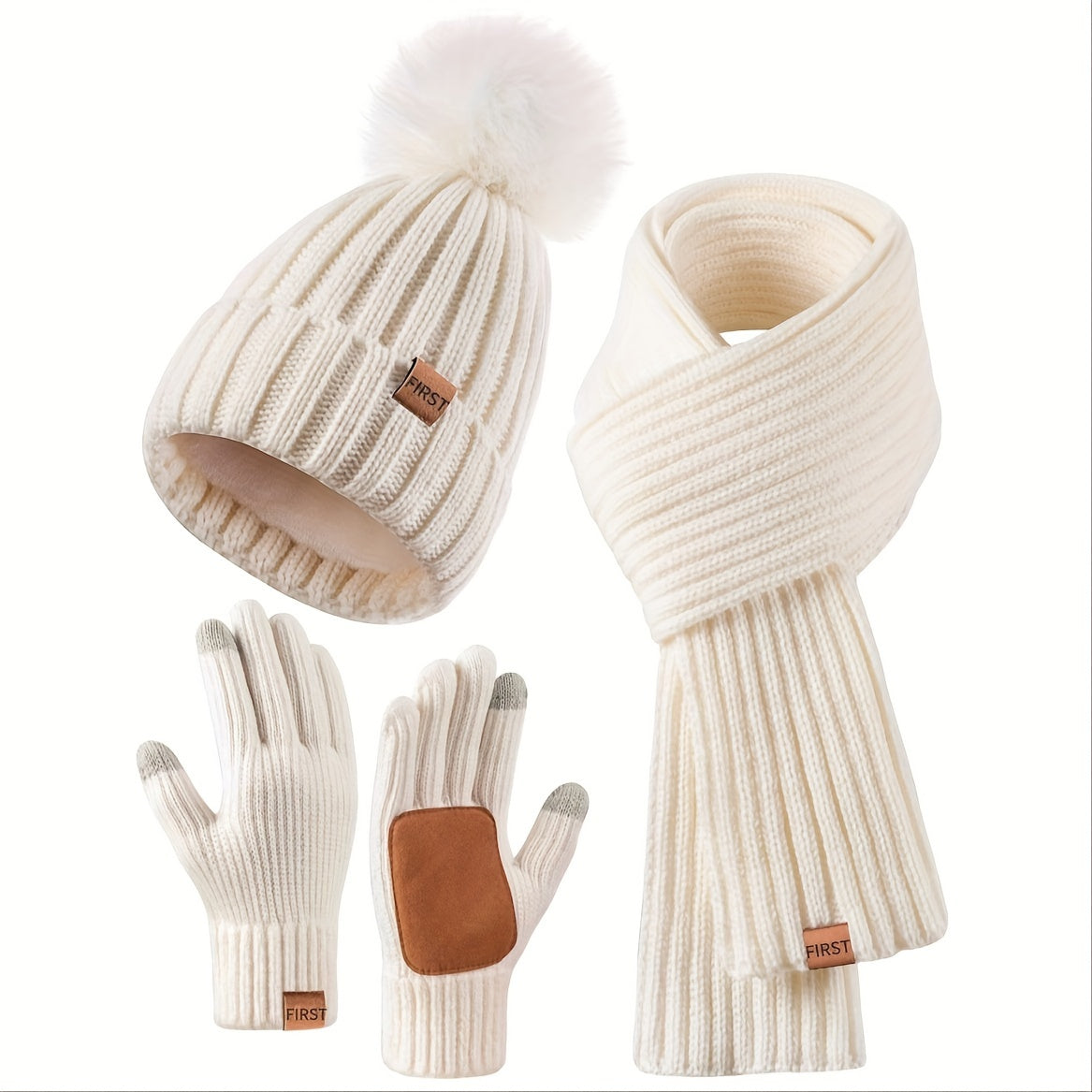 Winter Beanie Scarf Gloves Set Women Pom Pom Hat Neck Warmer Touchscreen Gloves 3 in 1