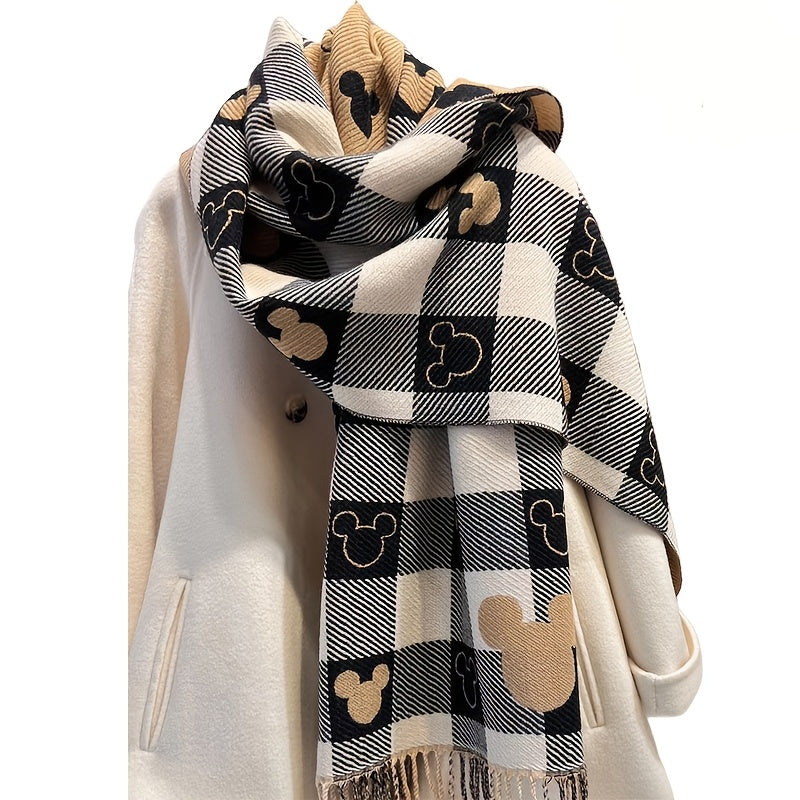 Mickey Mouse Double Sided Winter Scarf Thickened Plaid with Pink Hearts Unisex Warm Shawl Gift