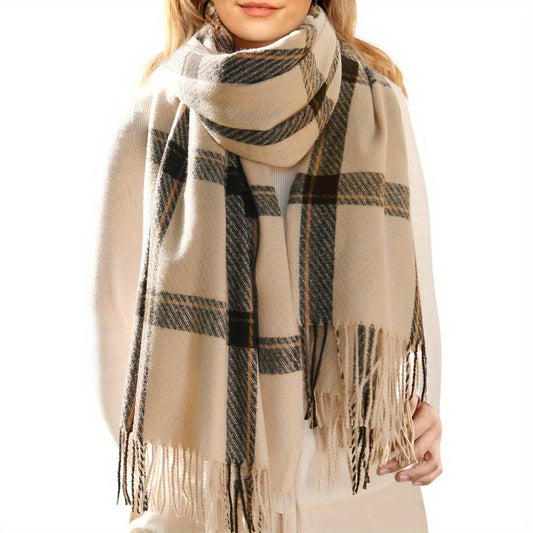 Women's Oversized Plaid Scarf Shawl Beige Brown Fleece Soft Warm Winter Wrap with Tassel Fringe