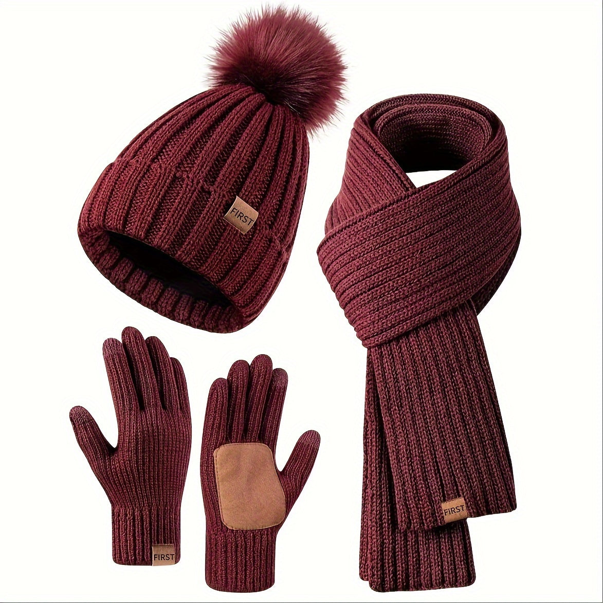 Winter Beanie Scarf Gloves Set Women Pom Pom Hat Neck Warmer Touchscreen Gloves 3 in 1