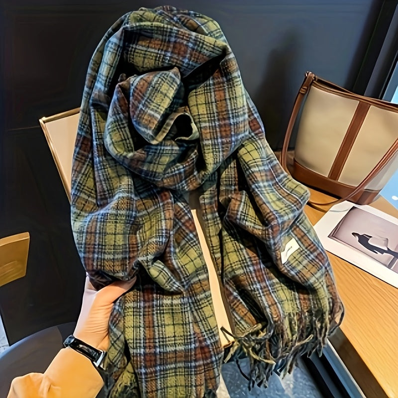 Green Plaid Scarf with Fringe Soft Warm Polyester Cape for Women Windproof Hand Washable