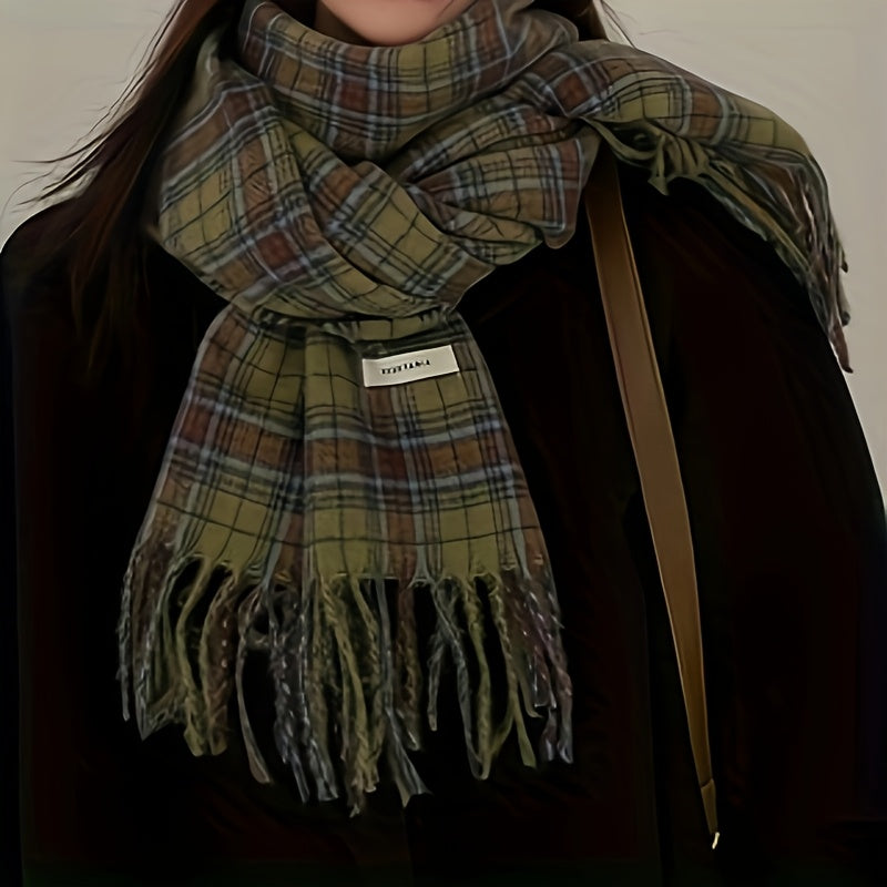 Green Plaid Scarf with Fringe Soft Warm Polyester Cape for Women Windproof Hand Washable