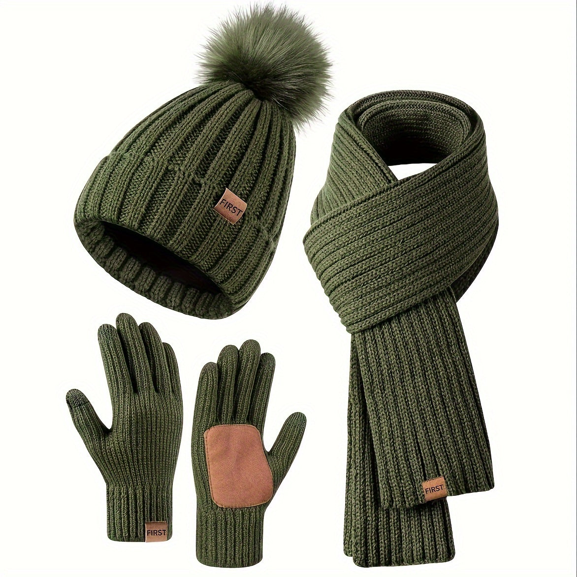 Winter Beanie Scarf Gloves Set Women Pom Pom Hat Neck Warmer Touchscreen Gloves 3 in 1