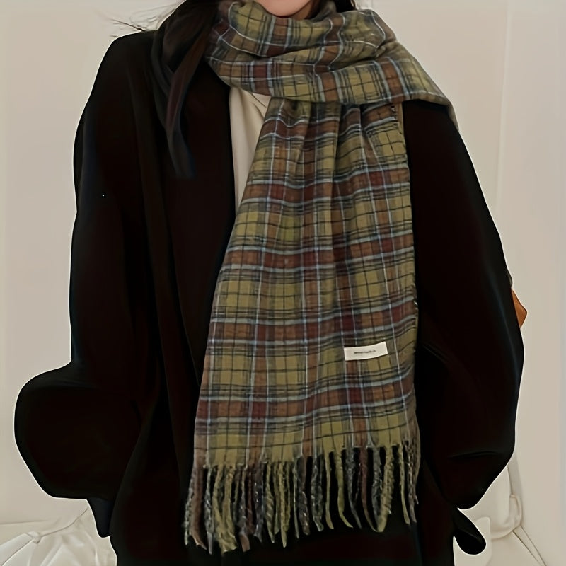 Green Plaid Scarf with Fringe Soft Warm Polyester Cape for Women Windproof Hand Washable