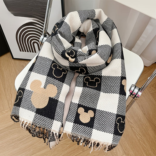 Mickey Mouse Double Sided Winter Scarf Thickened Plaid with Pink Hearts Unisex Warm Shawl Gift