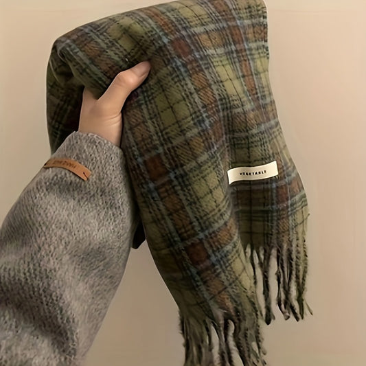 Green Plaid Scarf with Fringe Soft Warm Polyester Cape for Women Windproof Hand Washable