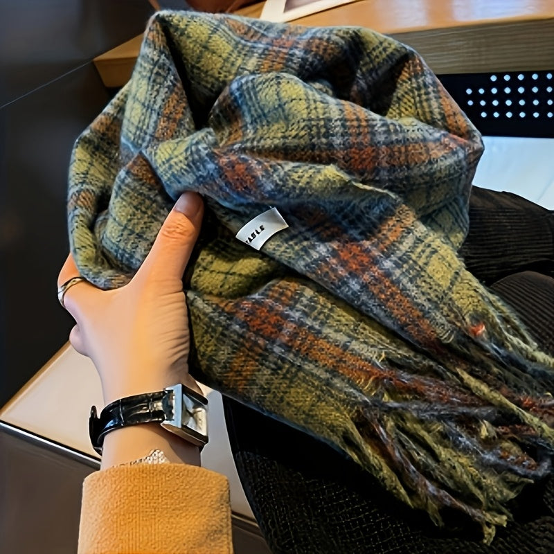 Green Plaid Scarf with Fringe Soft Warm Polyester Cape for Women Windproof Hand Washable