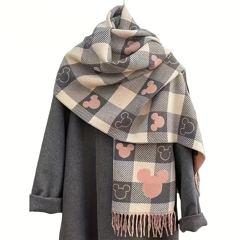 Mickey Mouse Double Sided Winter Scarf Thickened Plaid with Pink Hearts Unisex Warm Shawl Gift