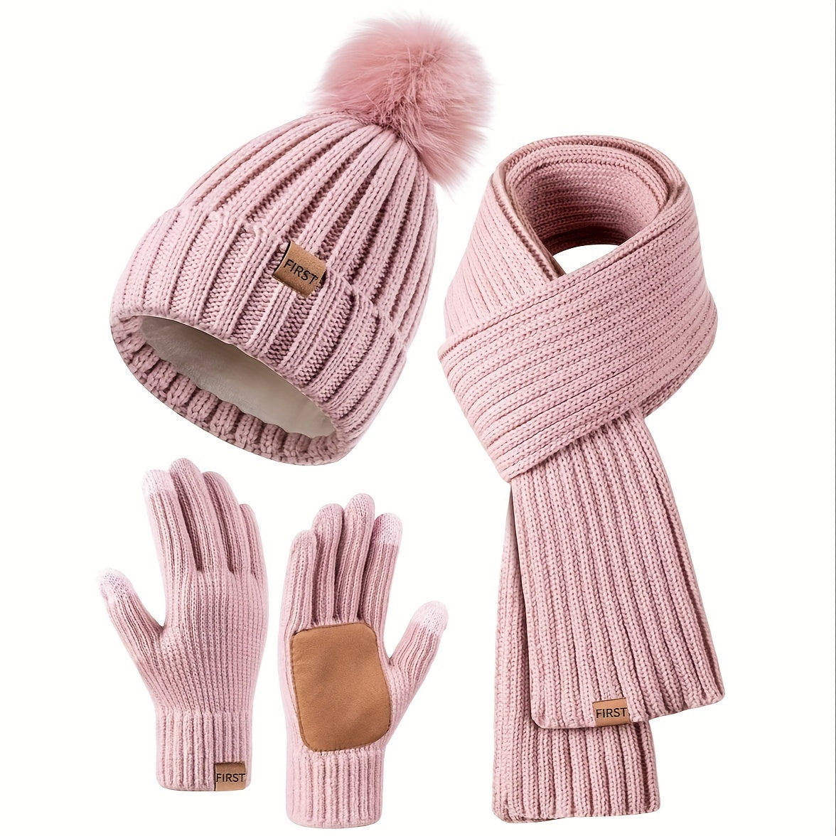 Winter Beanie Scarf Gloves Set Women Pom Pom Hat Neck Warmer Touchscreen Gloves 3 in 1