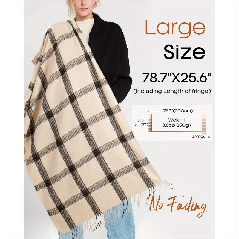 Women's Oversized Plaid Scarf Shawl Beige Brown Fleece Soft Warm Winter Wrap with Tassel Fringe