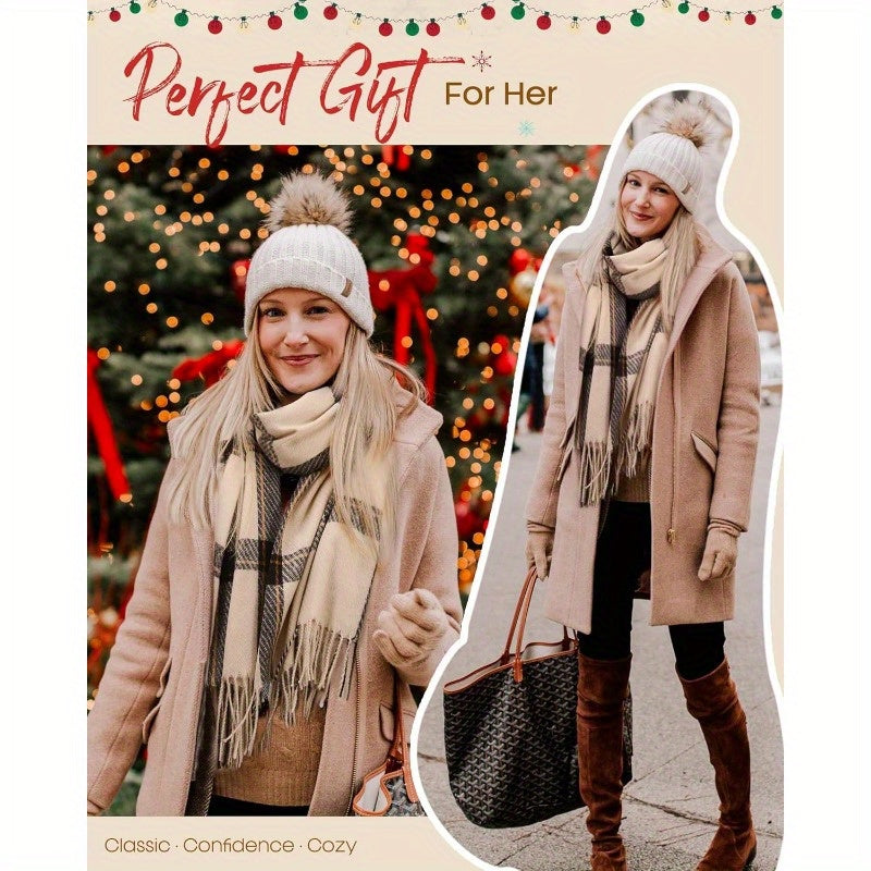 Women's Oversized Plaid Scarf Shawl Beige Brown Fleece Soft Warm Winter Wrap with Tassel Fringe