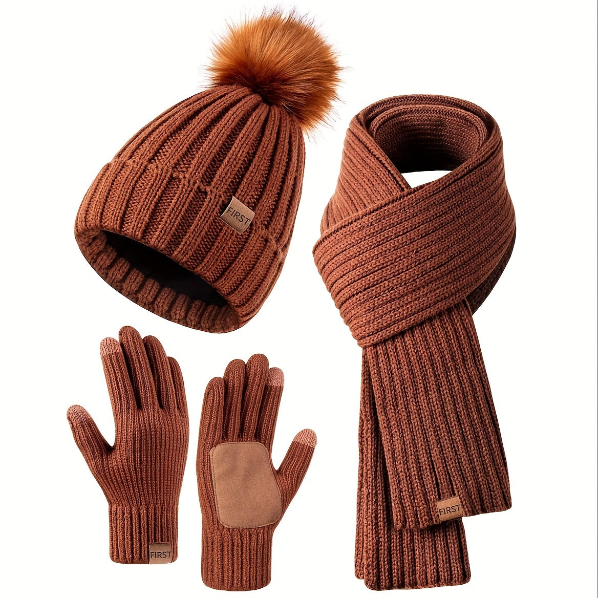 Winter Beanie Scarf Gloves Set Women Pom Pom Hat Neck Warmer Touchscreen Gloves 3 in 1