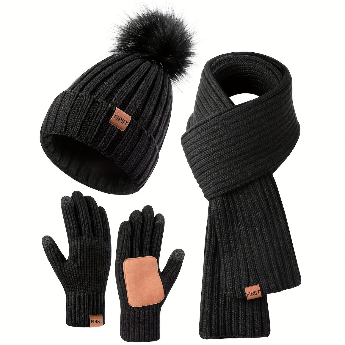 Winter Beanie Scarf Gloves Set Women Pom Pom Hat Neck Warmer Touchscreen Gloves 3 in 1