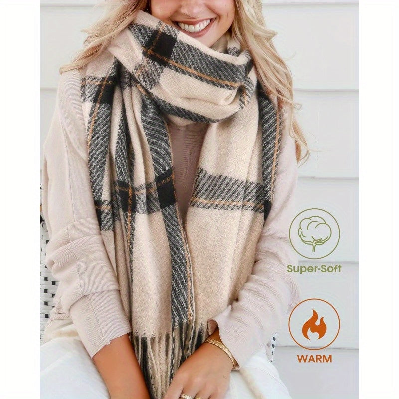 Women's Oversized Plaid Scarf Shawl Beige Brown Fleece Soft Warm Winter Wrap with Tassel Fringe