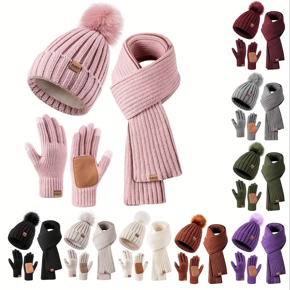 Winter Beanie Scarf Gloves Set Women Pom Pom Hat Neck Warmer Touchscreen Gloves 3 in 1