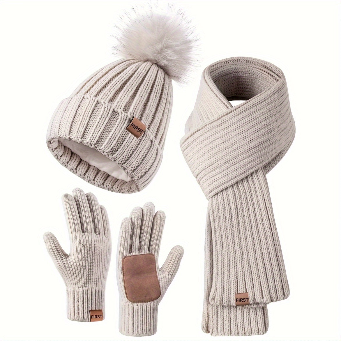 Winter Beanie Scarf Gloves Set Women Pom Pom Hat Neck Warmer Touchscreen Gloves 3 in 1