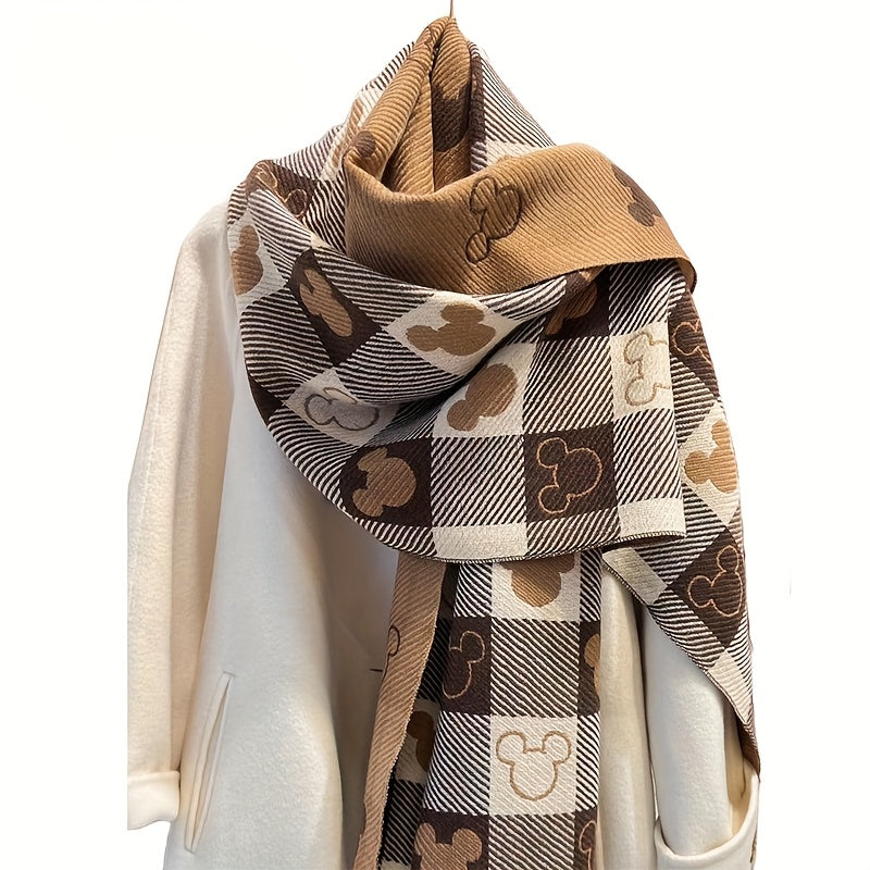 Mickey Mouse Double Sided Winter Scarf Thickened Plaid with Pink Hearts Unisex Warm Shawl Gift