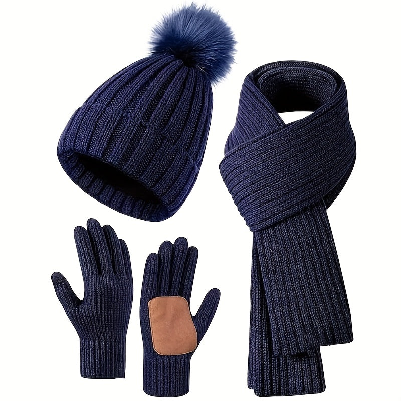 Winter Beanie Scarf Gloves Set Women Pom Pom Hat Neck Warmer Touchscreen Gloves 3 in 1