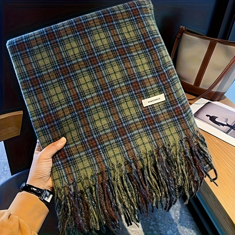 Green Plaid Scarf with Fringe Soft Warm Polyester Cape for Women Windproof Hand Washable