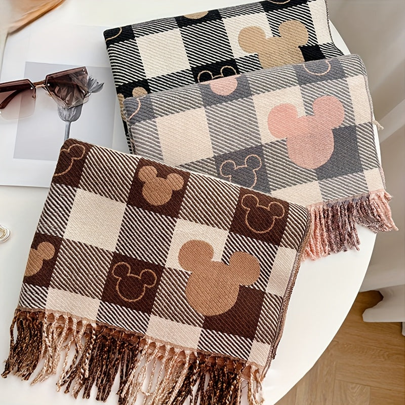Mickey Mouse Double Sided Winter Scarf Thickened Plaid with Pink Hearts Unisex Warm Shawl Gift