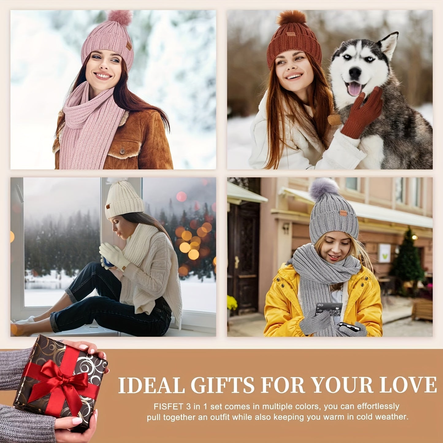 Winter Beanie Scarf Gloves Set Women Pom Pom Hat Neck Warmer Touchscreen Gloves 3 in 1