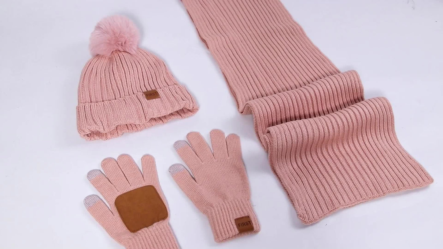 Winter Beanie Scarf Gloves Set Women Pom Pom Hat Neck Warmer Touchscreen Gloves 3 in 1