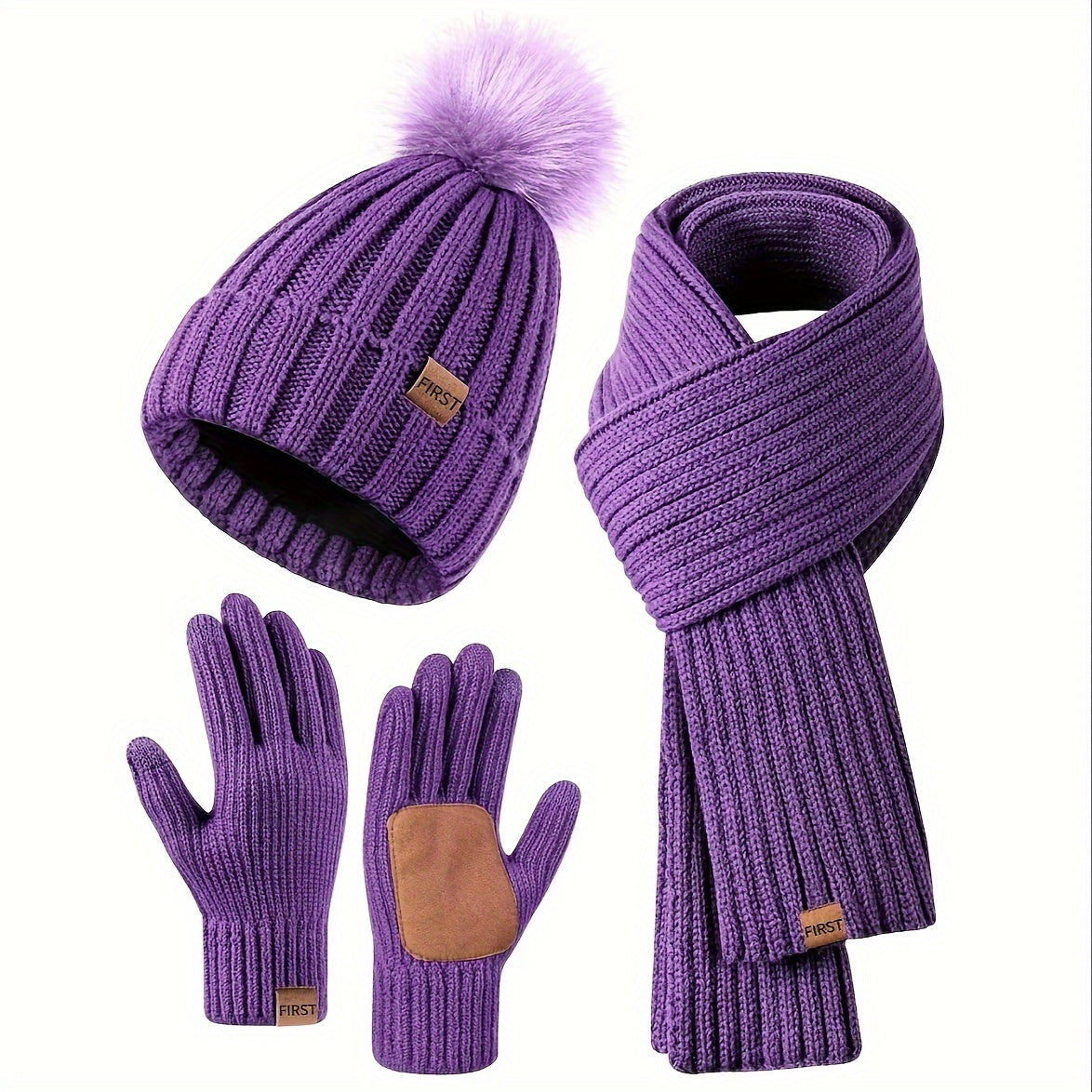Winter Beanie Scarf Gloves Set Women Pom Pom Hat Neck Warmer Touchscreen Gloves 3 in 1