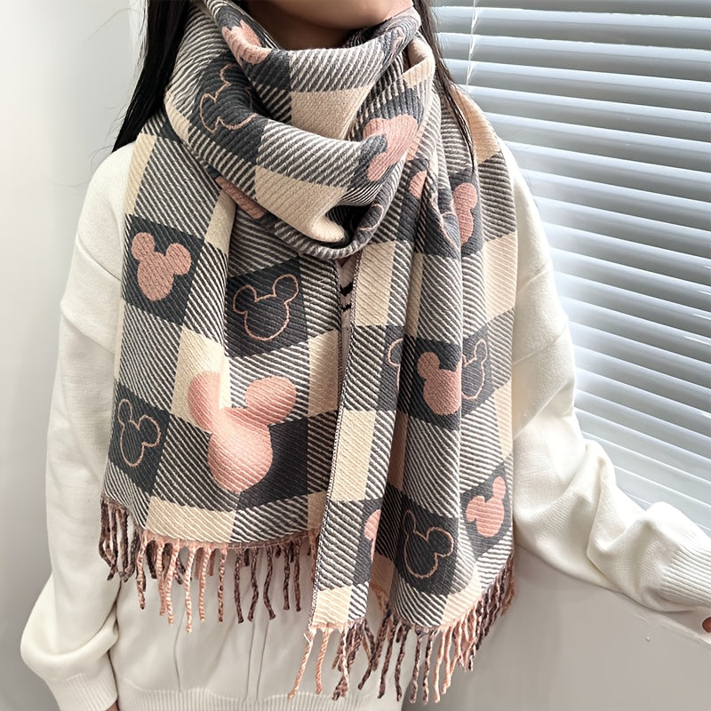 Mickey Mouse Double Sided Winter Scarf Thickened Plaid with Pink Hearts Unisex Warm Shawl Gift