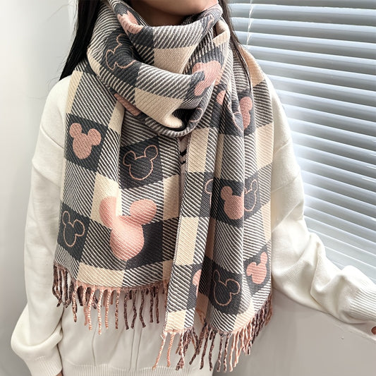 Mickey Mouse Double Sided Winter Scarf Thickened Plaid with Pink Hearts Unisex Warm Shawl Gift