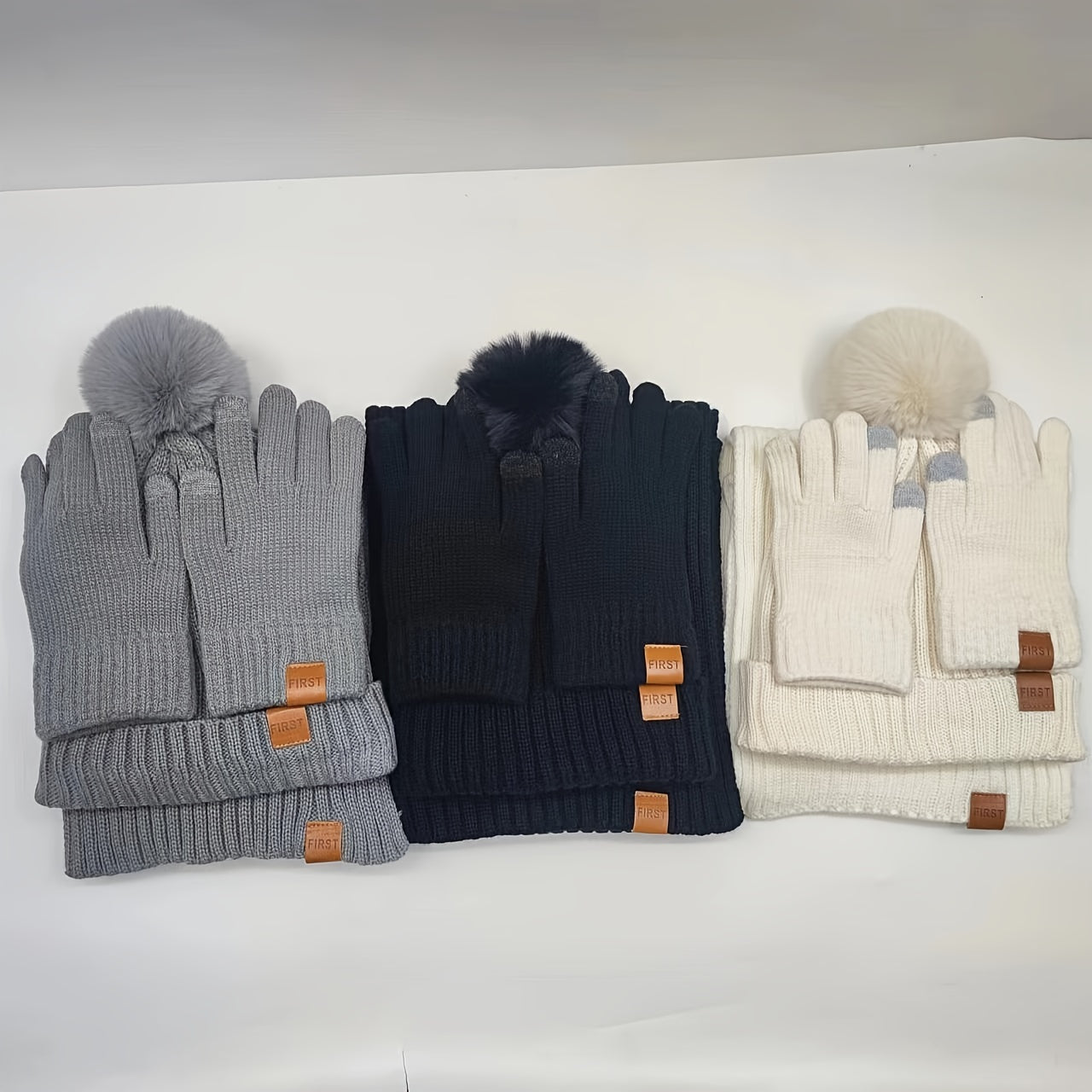 Winter Beanie Scarf Gloves Set Women Pom Pom Hat Neck Warmer Touchscreen Gloves 3 in 1