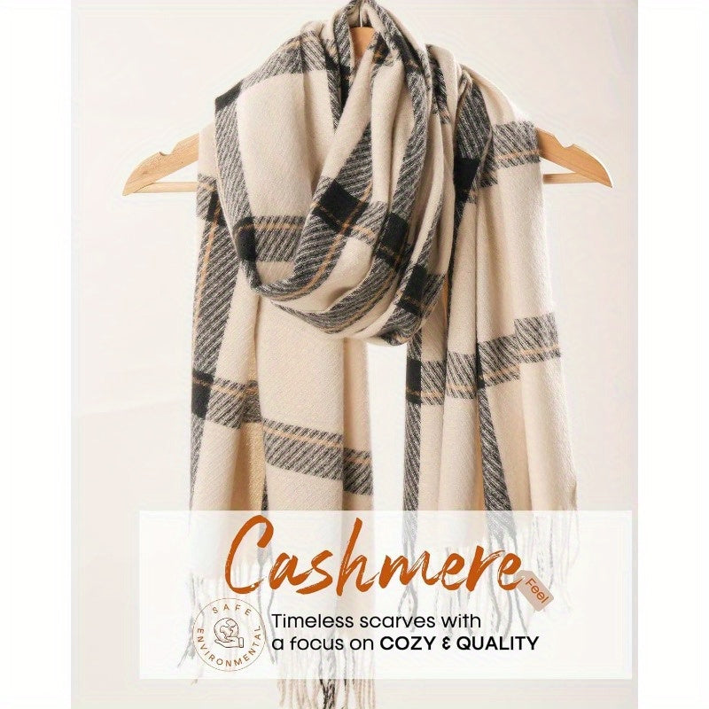 Women's Oversized Plaid Scarf Shawl Beige Brown Fleece Soft Warm Winter Wrap with Tassel Fringe