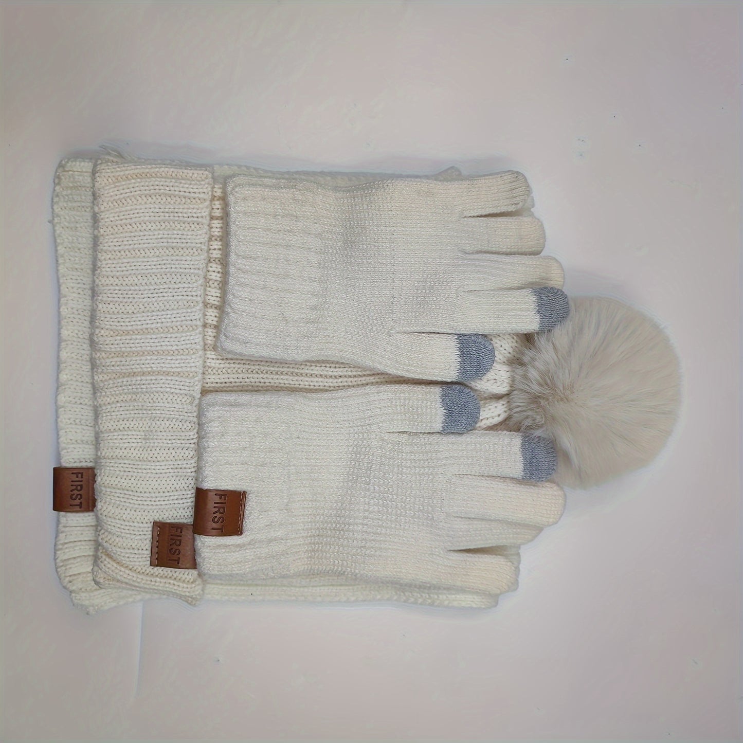 Winter Beanie Scarf Gloves Set Women Pom Pom Hat Neck Warmer Touchscreen Gloves 3 in 1