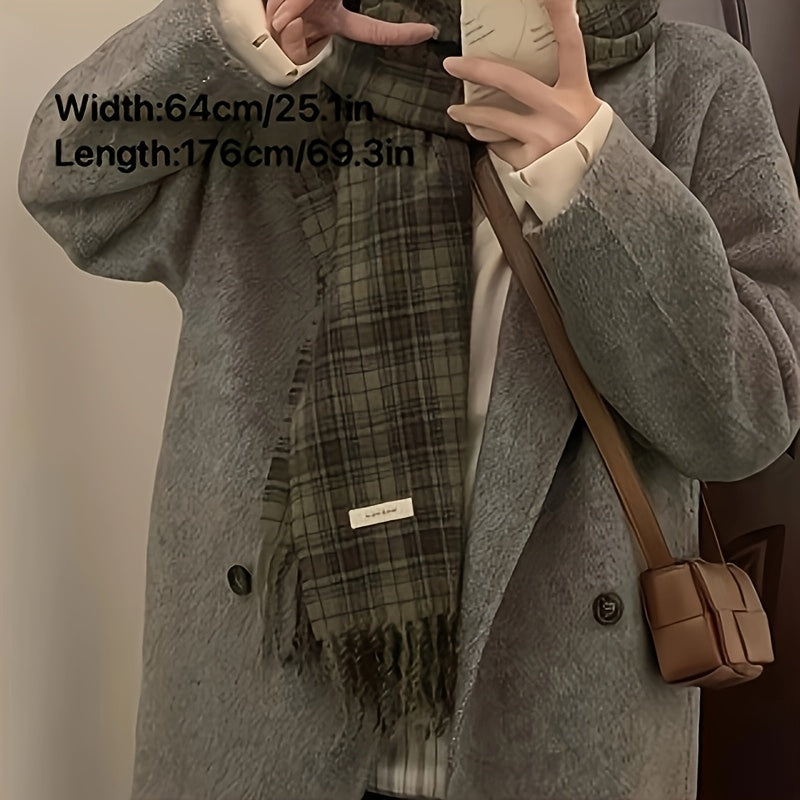 Green Plaid Scarf with Fringe Soft Warm Polyester Cape for Women Windproof Hand Washable