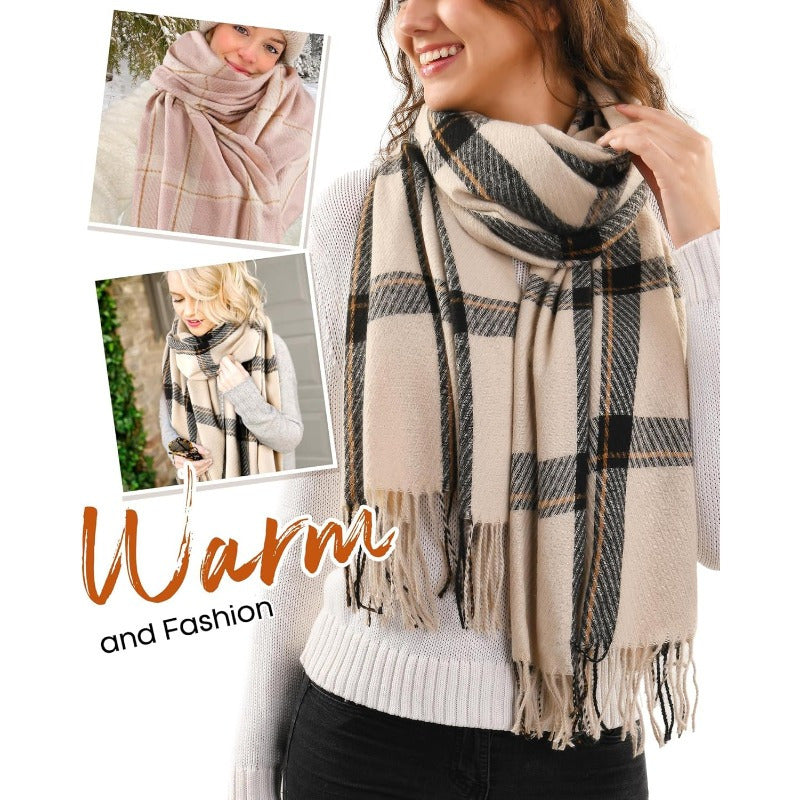 Women's Oversized Plaid Scarf Shawl Beige Brown Fleece Soft Warm Winter Wrap with Tassel Fringe